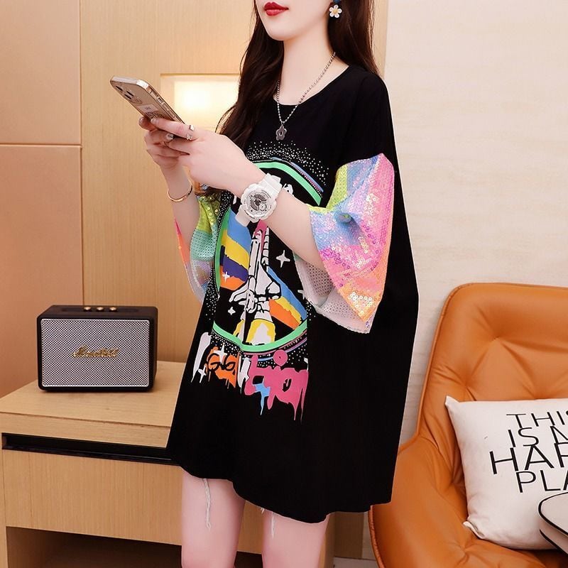 新作 切り替え プリント ピンク プリント スパンコール  全3色 半袖Tシャツ<ins-8165>