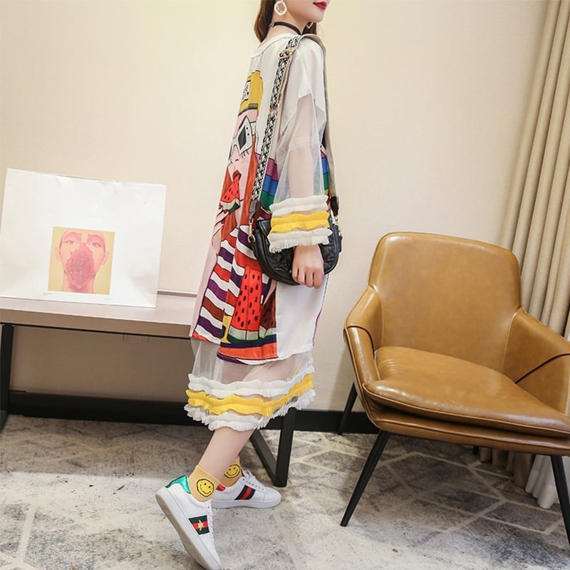 【ランキング上位】プリント お洒落 可愛い 着心地良い ロングTシャツワンピース <ins-887>