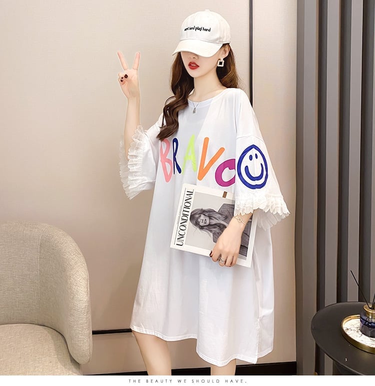 夏新作 オーバーサイズ アルファベット フリル プリントTシャツ 三色 ゆったり半袖<ins-3009>