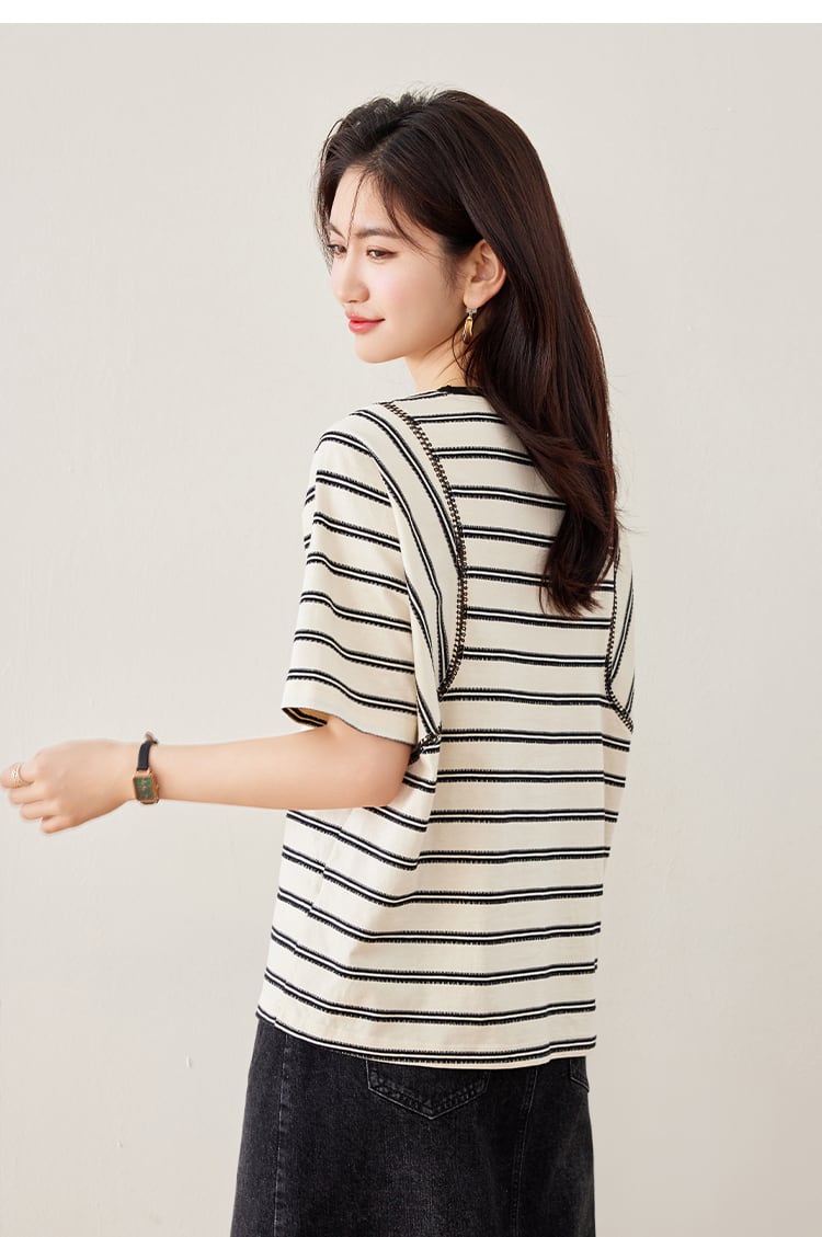 好感度UP カジュアル ファッション エレガント ストライプ柄 Tシャツ<ins-8327>
