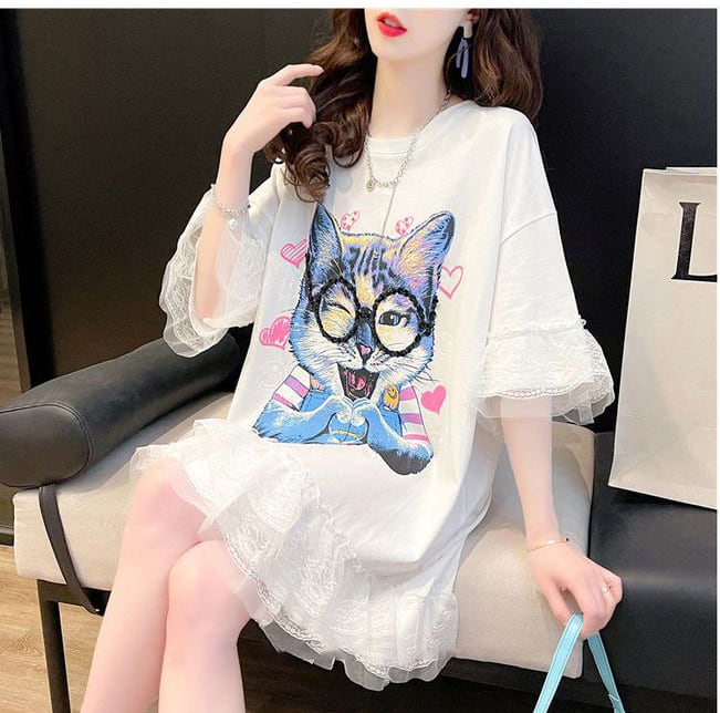 話題沸騰中 キュート ゆったり ロング丈 切り替え 2色半袖Tシャツ<ins-8133>