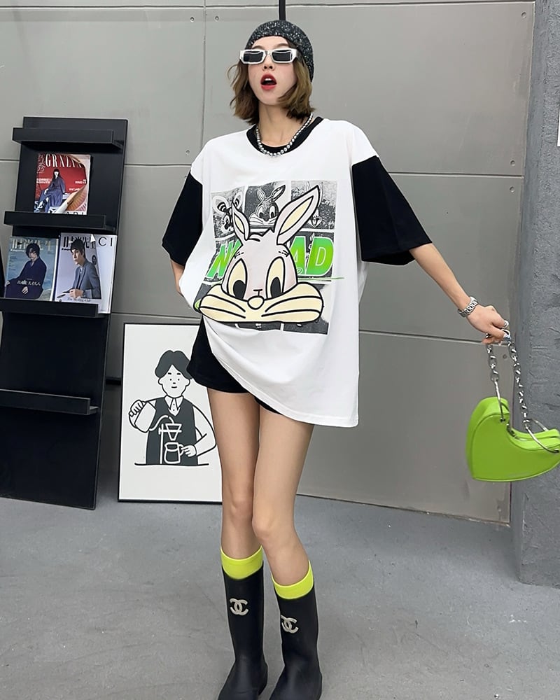 売り切れ必至 個性派 カジュアル プリント 切り替え 半袖Tシャツ<ins-8268>