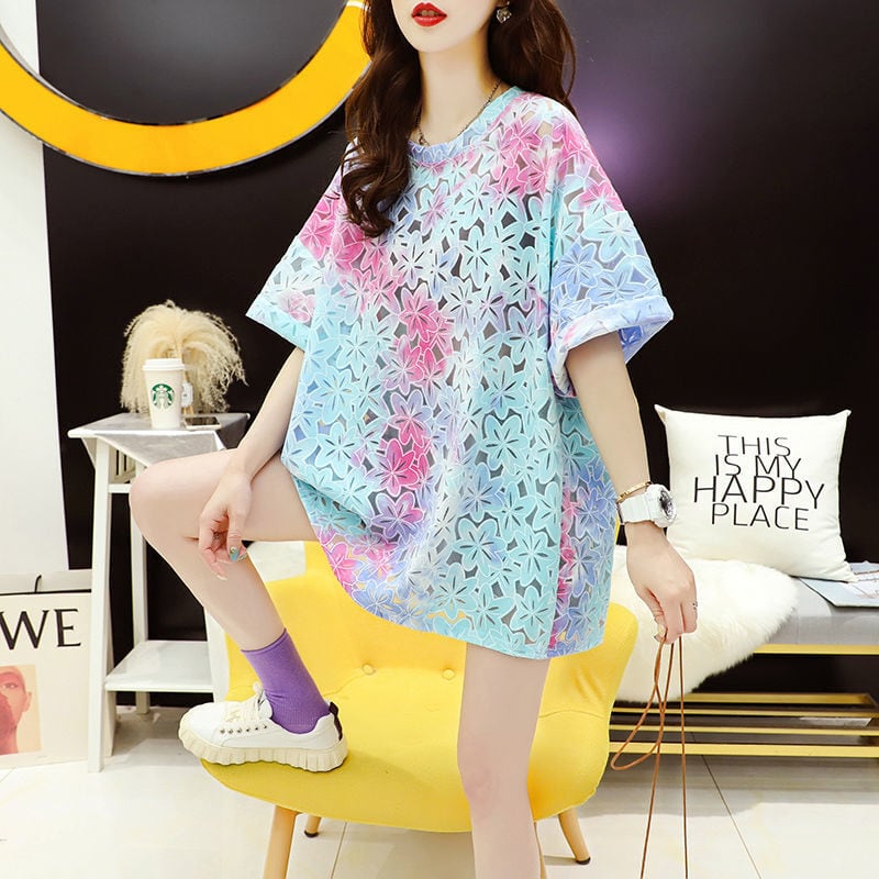 美人度アップ スウィート ゆったり 透かし彫り 半袖Tシャツ<ins-8140>