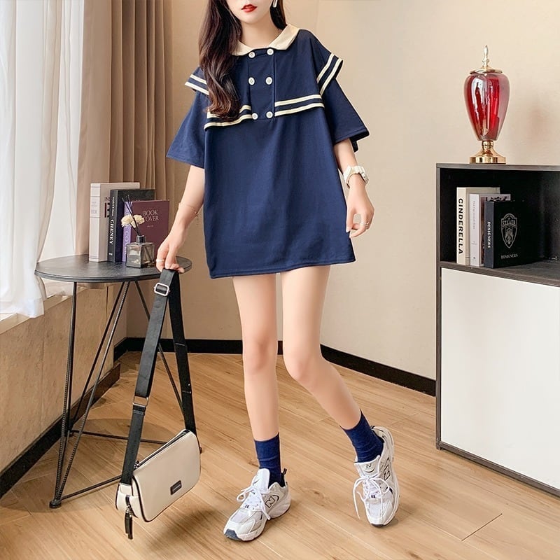 絶対欲しい セーラーカラー ロング Tシャツ 三色 ゆったりワンピース<ins-4028>