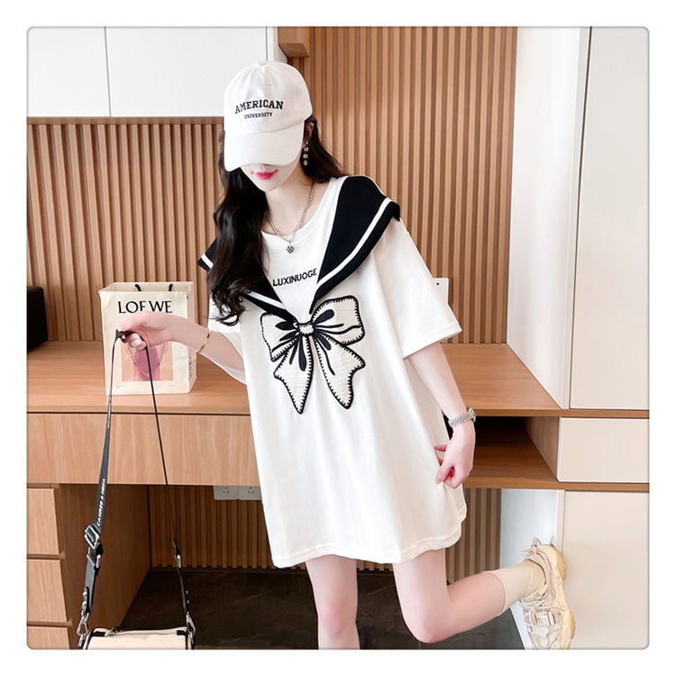 夏新作 キュート レイヤード風 プリントTシャツ 2色 ゆったり半袖<ins-8226>