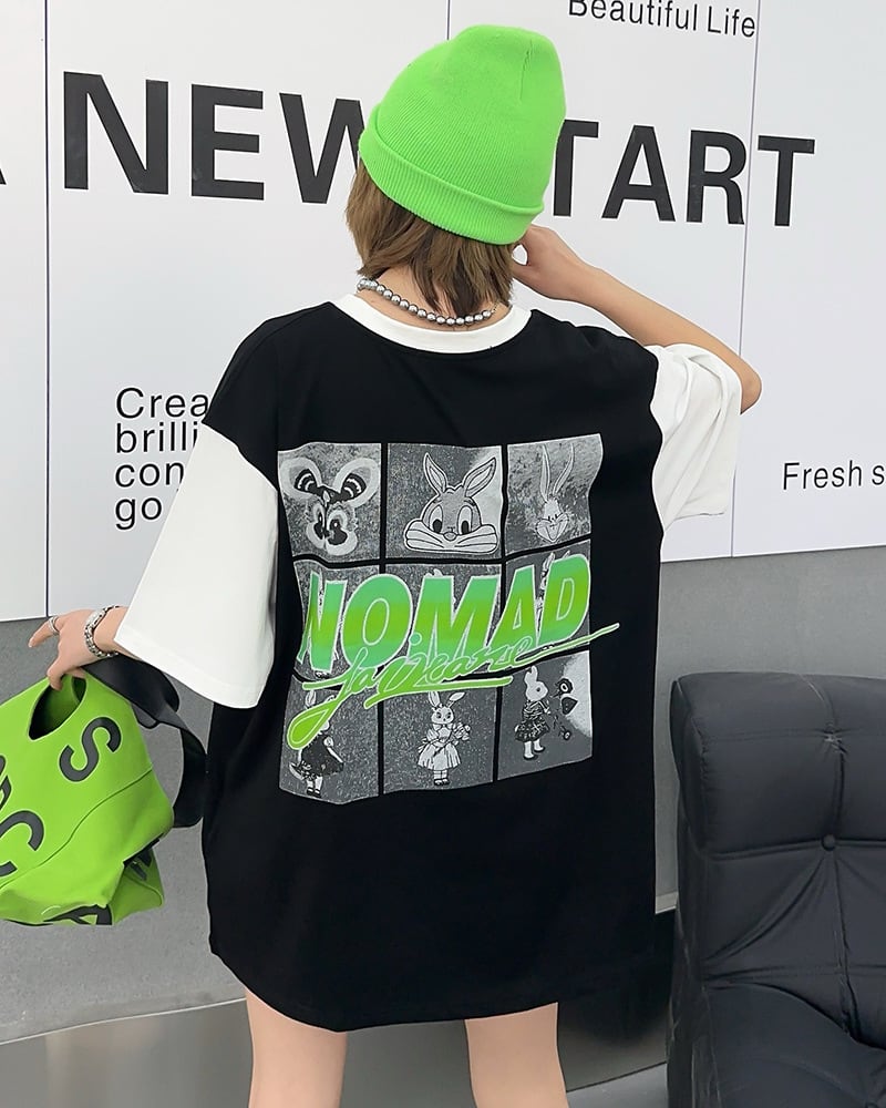 売り切れ必至 個性派 カジュアル プリント 切り替え 半袖Tシャツ<ins-8268>