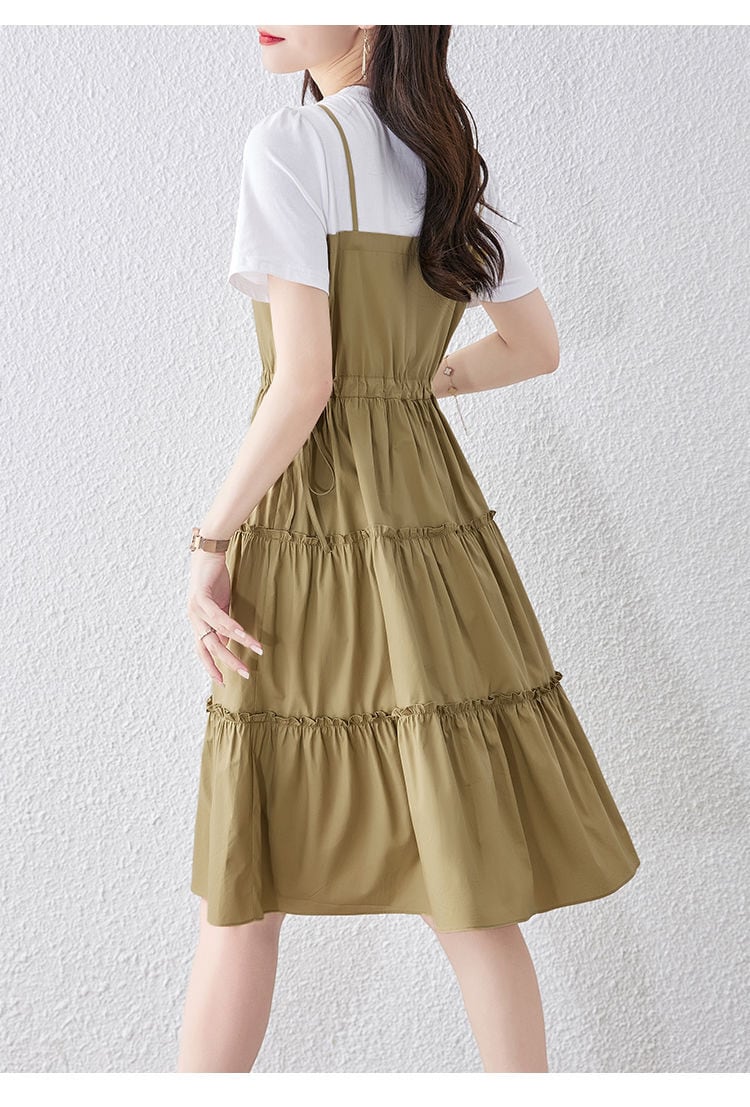 売り切れ必至 ファッション レイヤード風 切り替え 半袖ワンピース<ins-8411>