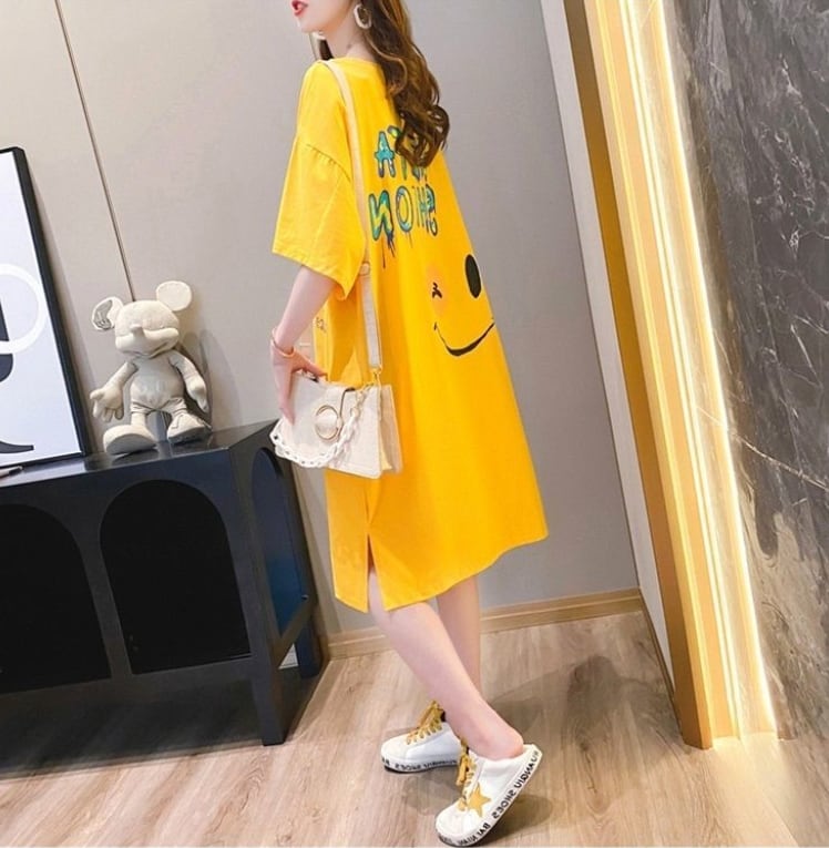 好感度UP カジュアル ゆったりロング丈 切り替え 三色 半袖Tシャツ<ins-8166>