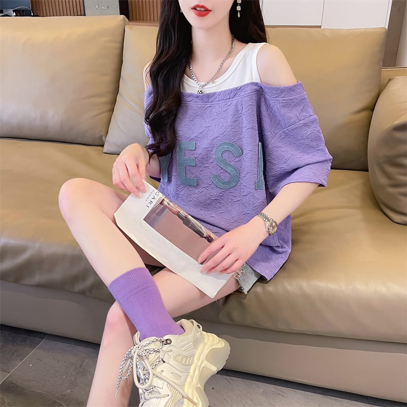 新商品 カジュアル ゆったり プリント オープンショルダー 2色 半袖Tシャツ<ins-8282>