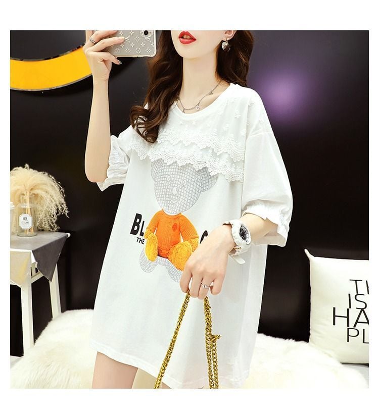 超人気 プリント レース 切り替え ホットダイヤモンド 半袖 Tシャツ <ins-8524>