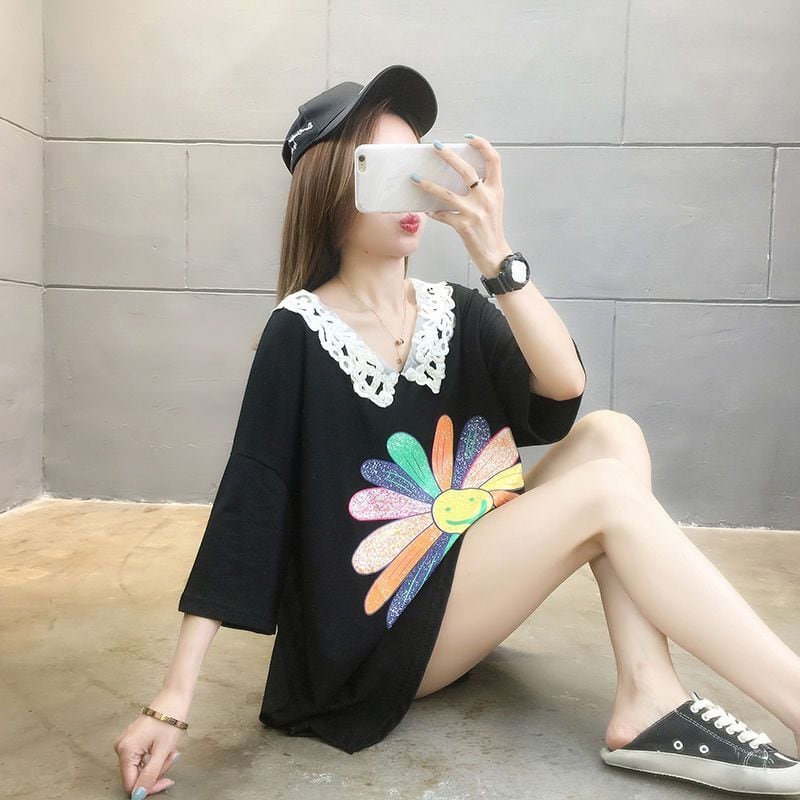 大人可愛い ゆったり ロング丈 切り替え 三色半袖Tシャツ<ins-8129>