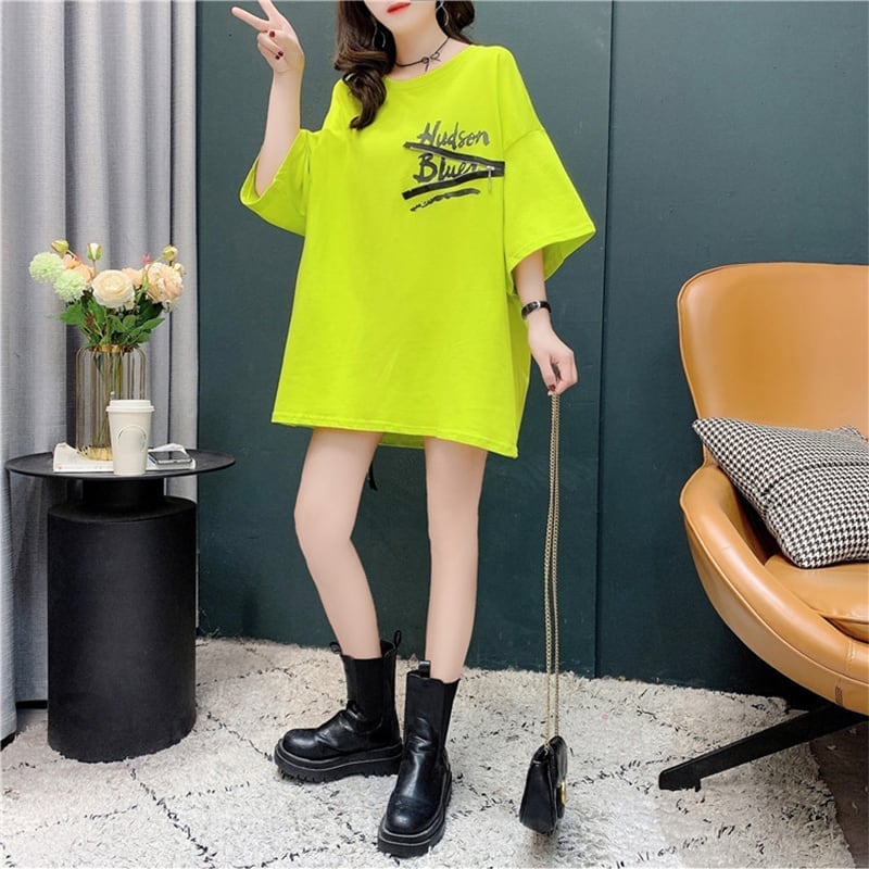 デザイン感 チャーミング 切り替え プリント Tシャツ カットソー<ins-3578>