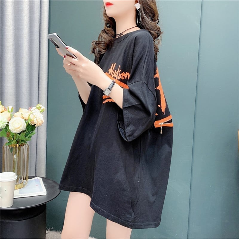 デザイン感 チャーミング 切り替え プリント Tシャツ カットソー<ins-3578>