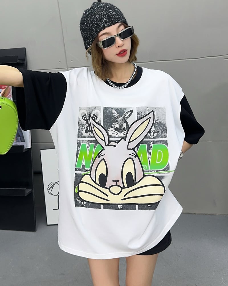 売り切れ必至 個性派 カジュアル プリント 切り替え 半袖Tシャツ<ins-8268>