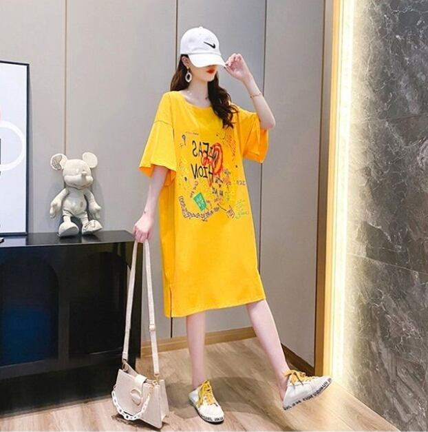 好感度UP カジュアル ゆったりロング丈 切り替え 三色 半袖Tシャツ<ins-8166>