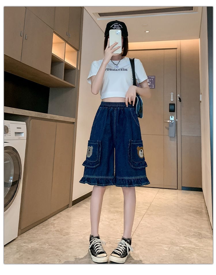 超人気 ゆったり感アップ オシャレ度満点 デニム 2色選択可 ハイウエスト パンツ ボトムス<ins-8298>
