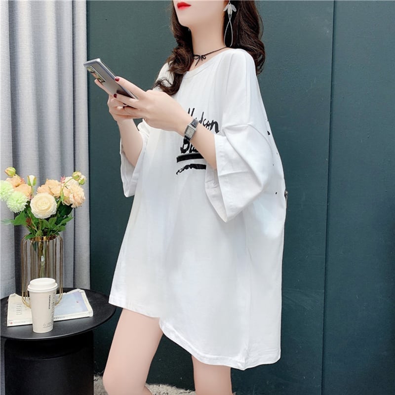 デザイン感 チャーミング 切り替え プリント Tシャツ カットソー<ins-3578>