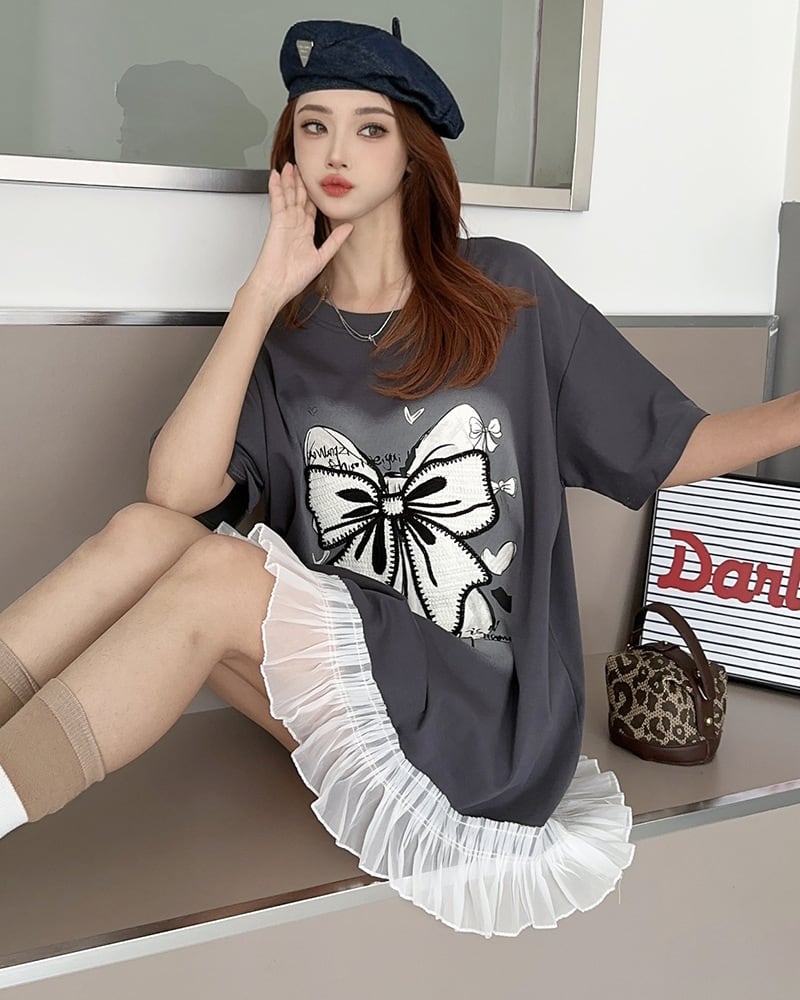 今季マストバイ 切り替え プリントゆったり 半袖Tシャツ 全4色<ins-8256>