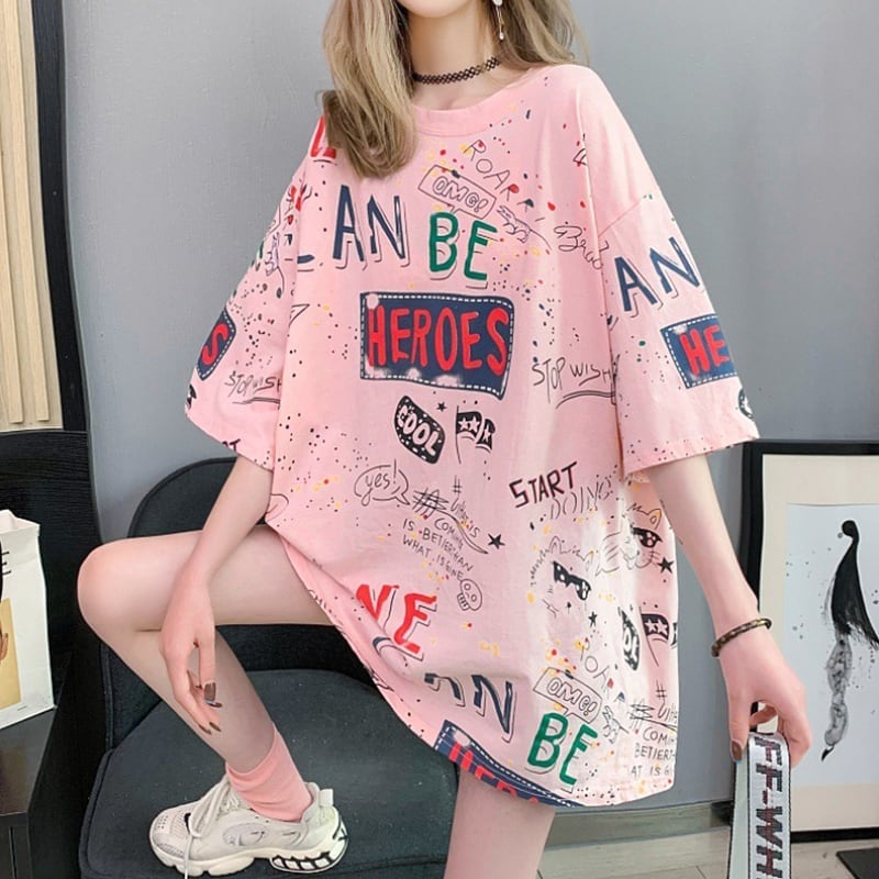 スタイリッシュ 一目惚れ 切り替え プリント Tシャツ カットソー<ins-3540>