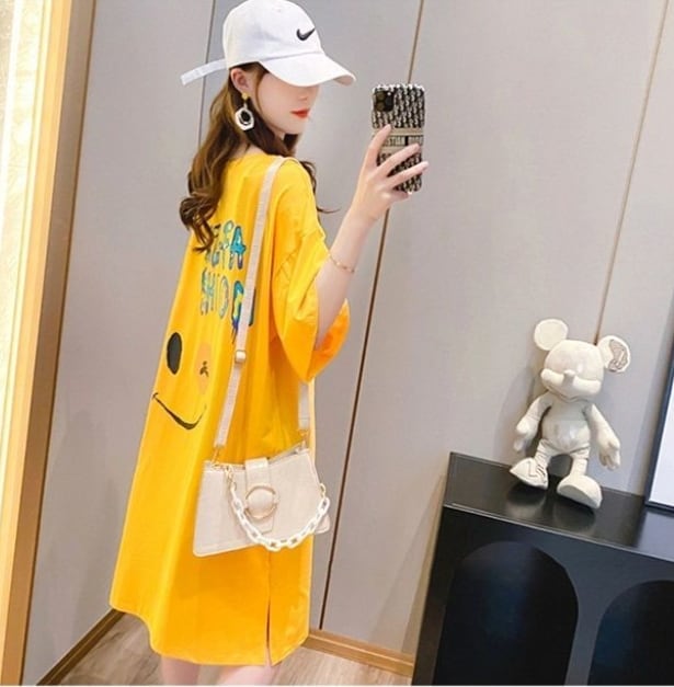 好感度UP カジュアル ゆったりロング丈 切り替え 三色 半袖Tシャツ<ins-8166>