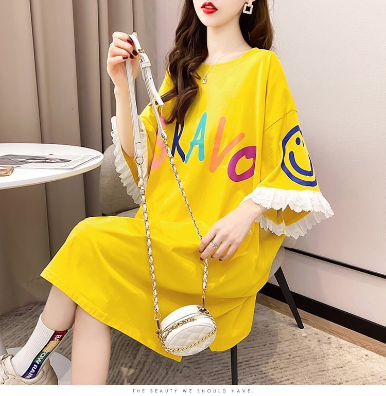 夏新作 オーバーサイズ アルファベット フリル プリントTシャツ 三色 ゆったり半袖<ins-3009>