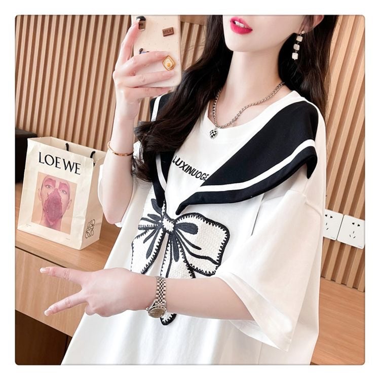 夏新作 キュート レイヤード風 プリントTシャツ 2色 ゆったり半袖<ins-8226>