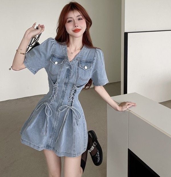 今季大好評 ファッション デニム Vネック ワンピース<ins-8305>