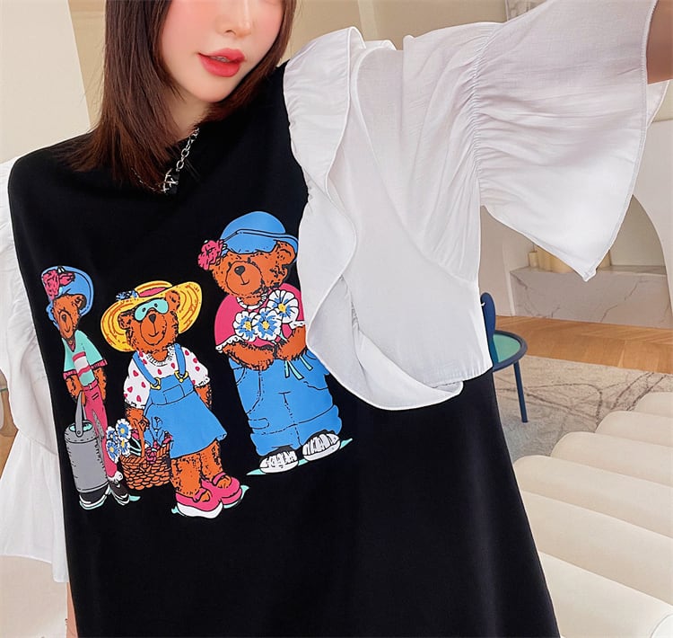 超人気 ファッション カジュアル 切り替え プリント ワンピース<ins-8540>