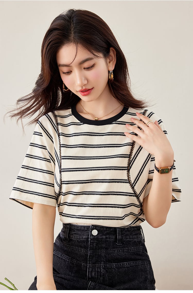 好感度UP カジュアル ファッション エレガント ストライプ柄 Tシャツ<ins-8327>