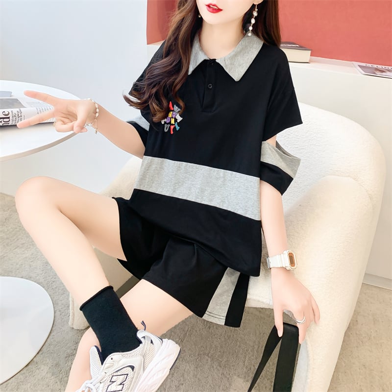おすすめ カジュアル 切り替え 半袖Tシャツⅹパンツセット全2色 <ins-8281>