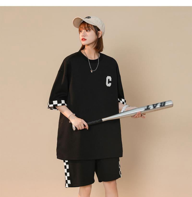 超人気 ルーズ 切り替え 半袖Tシャツⅹパンツセット全2色 <ins-8209>