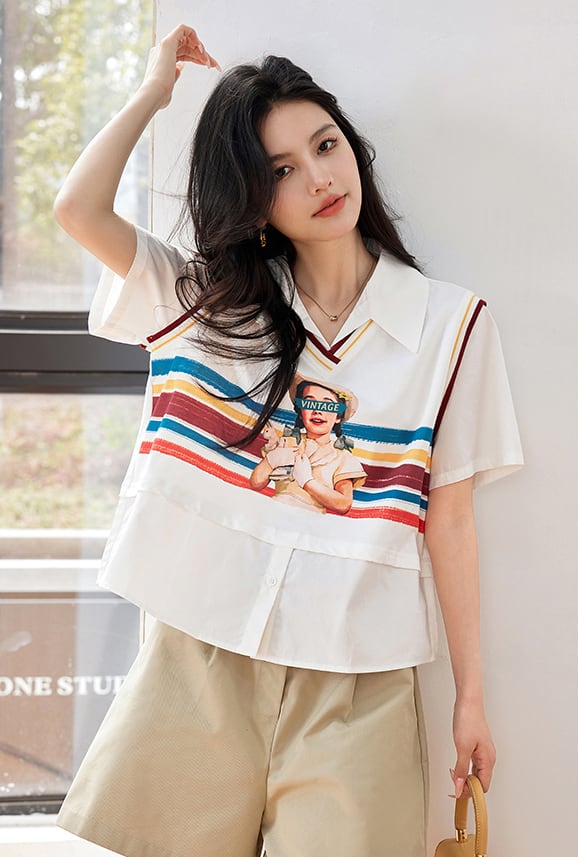 話題沸騰中 個性的なデザイン 一目惚れ レイヤード風 Tシャツ カットソー<ins-8331>