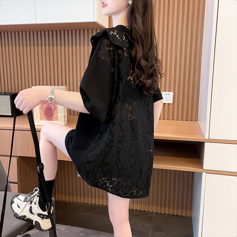 【半額!期間限定!!】着回し力抜群 プリント 切り替え レース 切り替え ゆったり半袖 Tシャツ <ins-8527>