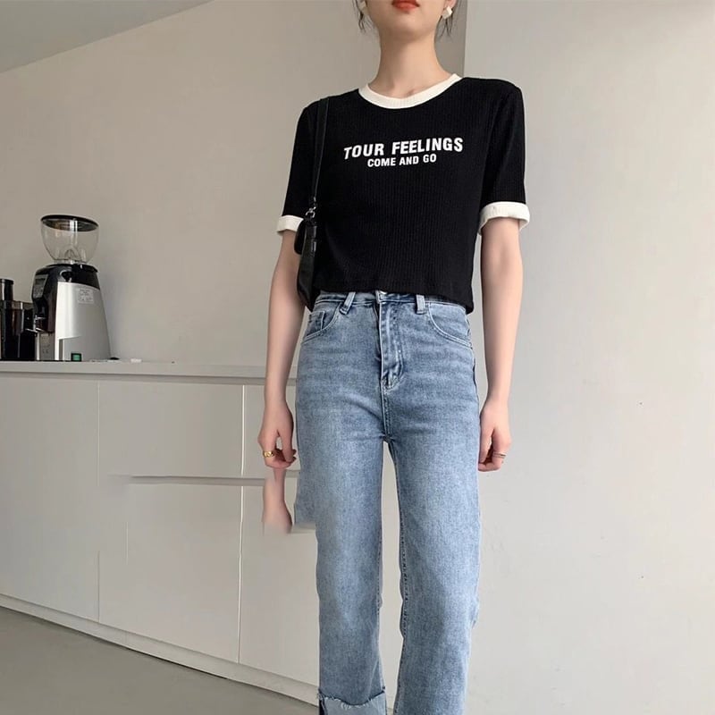 ゆったり感アップ ファッション アルファベット Tシャツ カットソー<ins-3077>