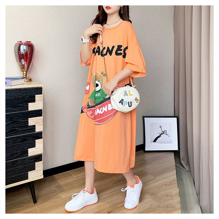 スタイリッシュ カジュアル プリント Tシャツ カットソー ワンピース<ins-8285>