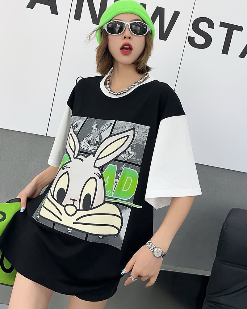 売り切れ必至 個性派 カジュアル プリント 切り替え 半袖Tシャツ<ins-8268>