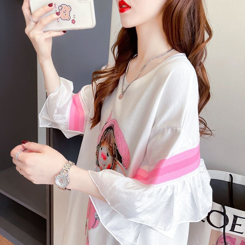 新商品 キュート 切り替え ゆったり 全2色 半袖Tシャツ<ins-8349>