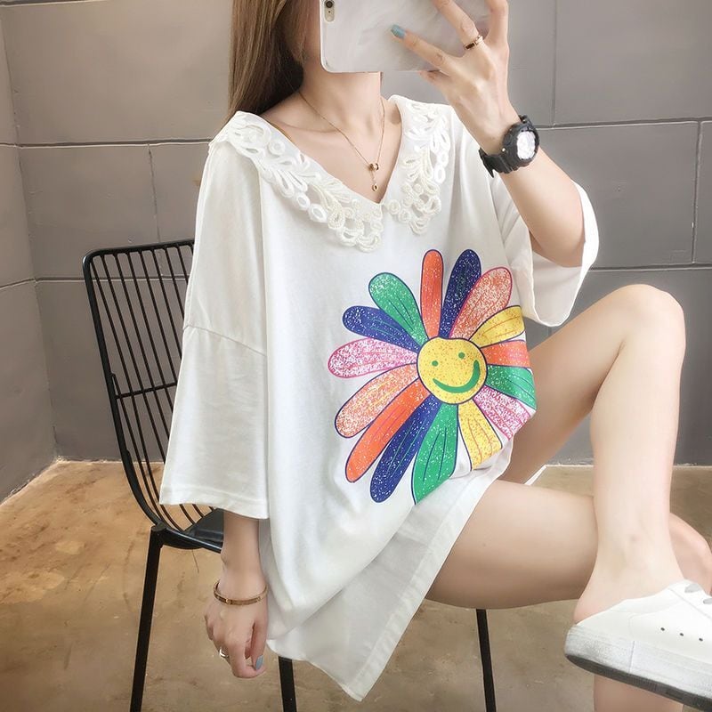 大人可愛い ゆったり ロング丈 切り替え 三色半袖Tシャツ<ins-8129>