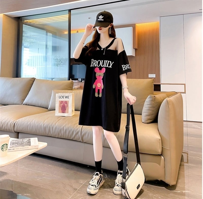 売り切れ必至 セクシー Vネック 切り替え チュール プリントTシャツ ゆったりワンピース <ins-3050>