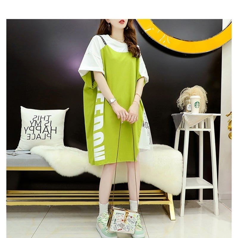 好感度UP 切り替え  レイヤード風 プリント Tシャツ ゆったりワンピース<ins-8105>