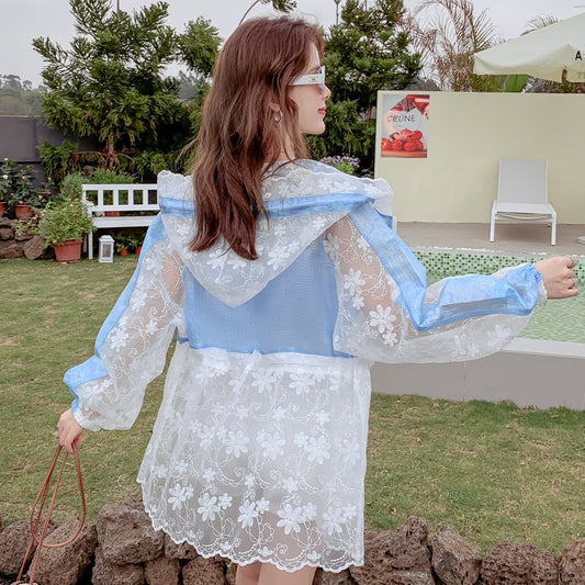 【半額!期間限定!!】美人度アップ キュート 透け感 日焼け対策 レース 刺繍 全3色 パーカー コート<ins-8510>