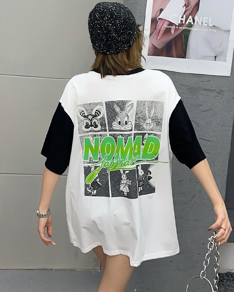 売り切れ必至 個性派 カジュアル プリント 切り替え 半袖Tシャツ<ins-8268>