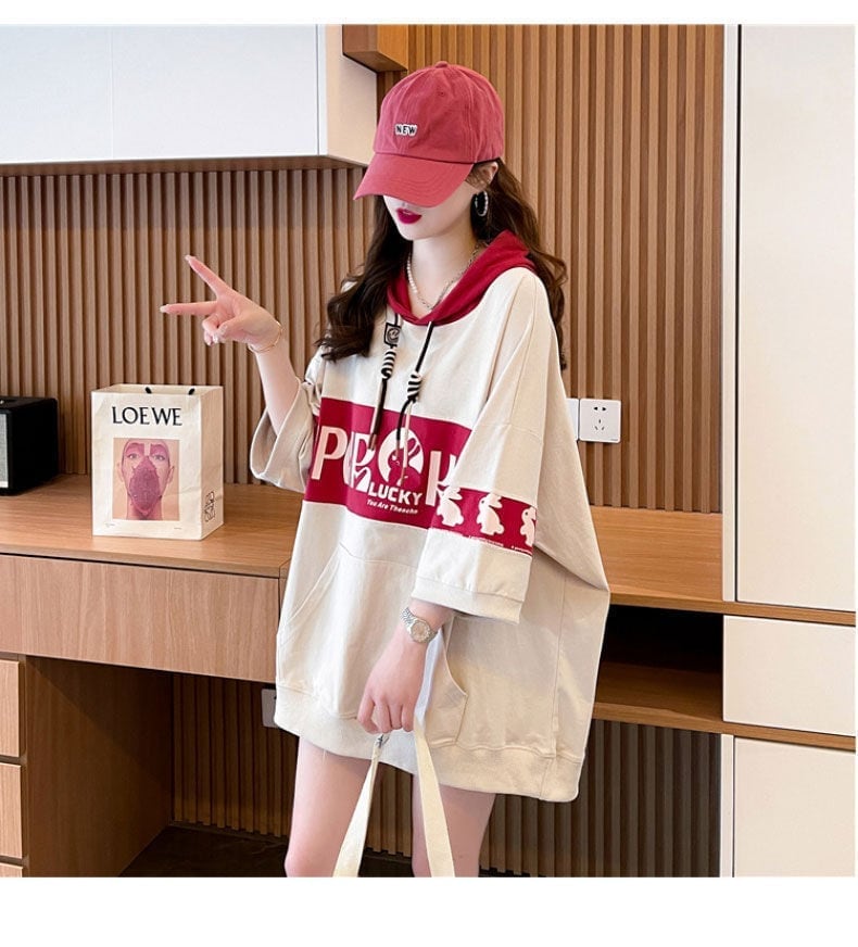【半額!期間限定!!】大人気 切り替え ウサギちゃん プリント 配色 ロング半袖パーカー<ins-4004>