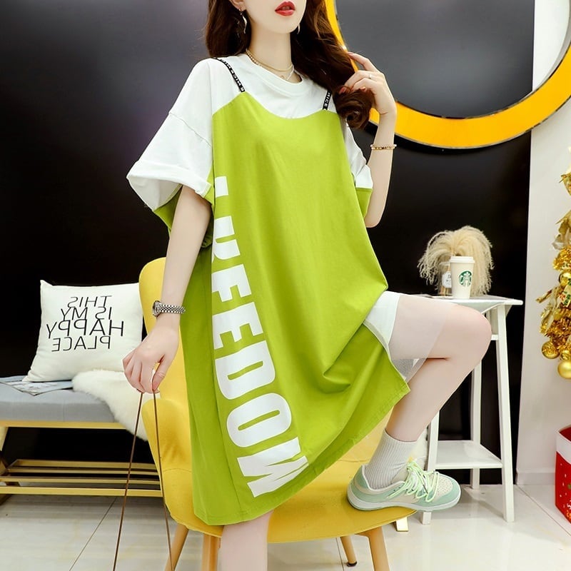 好感度UP 切り替え  レイヤード風 プリント Tシャツ ゆったりワンピース<ins-8105>