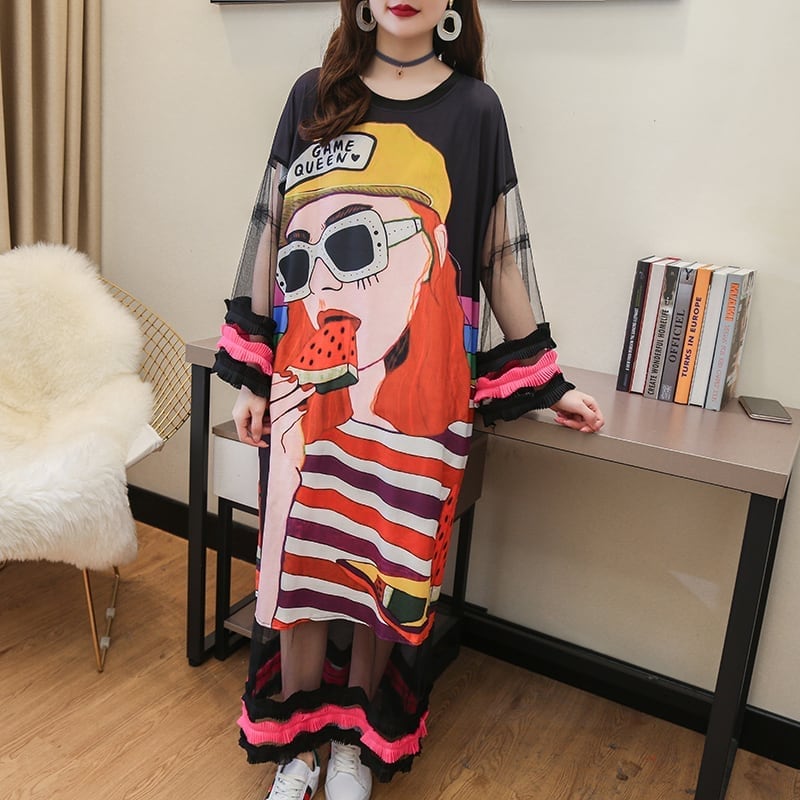 【ランキング上位】プリント お洒落 可愛い 着心地良い ロングTシャツワンピース <ins-887>