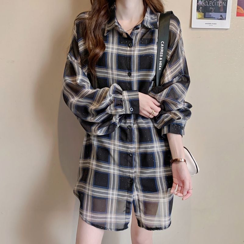 定番シンプル チェック柄 透け感 日焼け対策 全3色 シャツ <ins-8544>