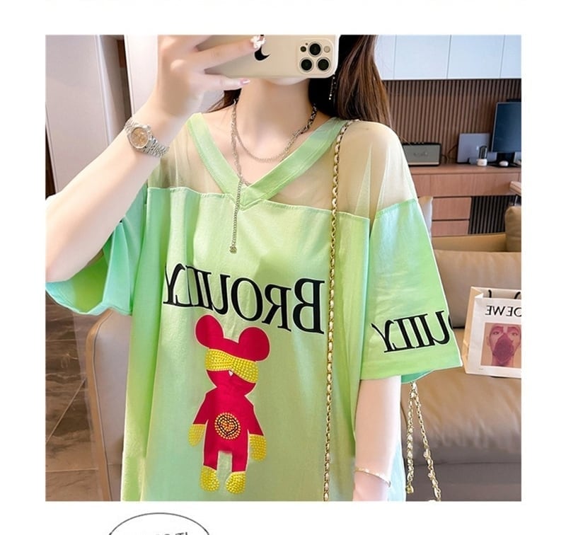 売り切れ必至 セクシー Vネック 切り替え チュール プリントTシャツ ゆったりワンピース <ins-3050>