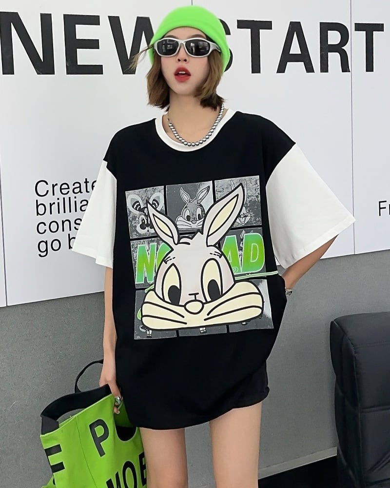 売り切れ必至 個性派 カジュアル プリント 切り替え 半袖Tシャツ<ins-8268>