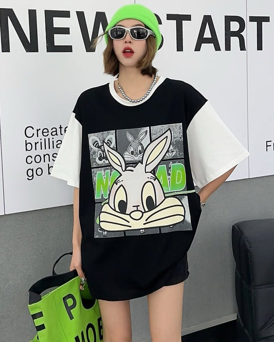 売り切れ必至 個性派 カジュアル プリント 切り替え 半袖Tシャツ<ins-8268>