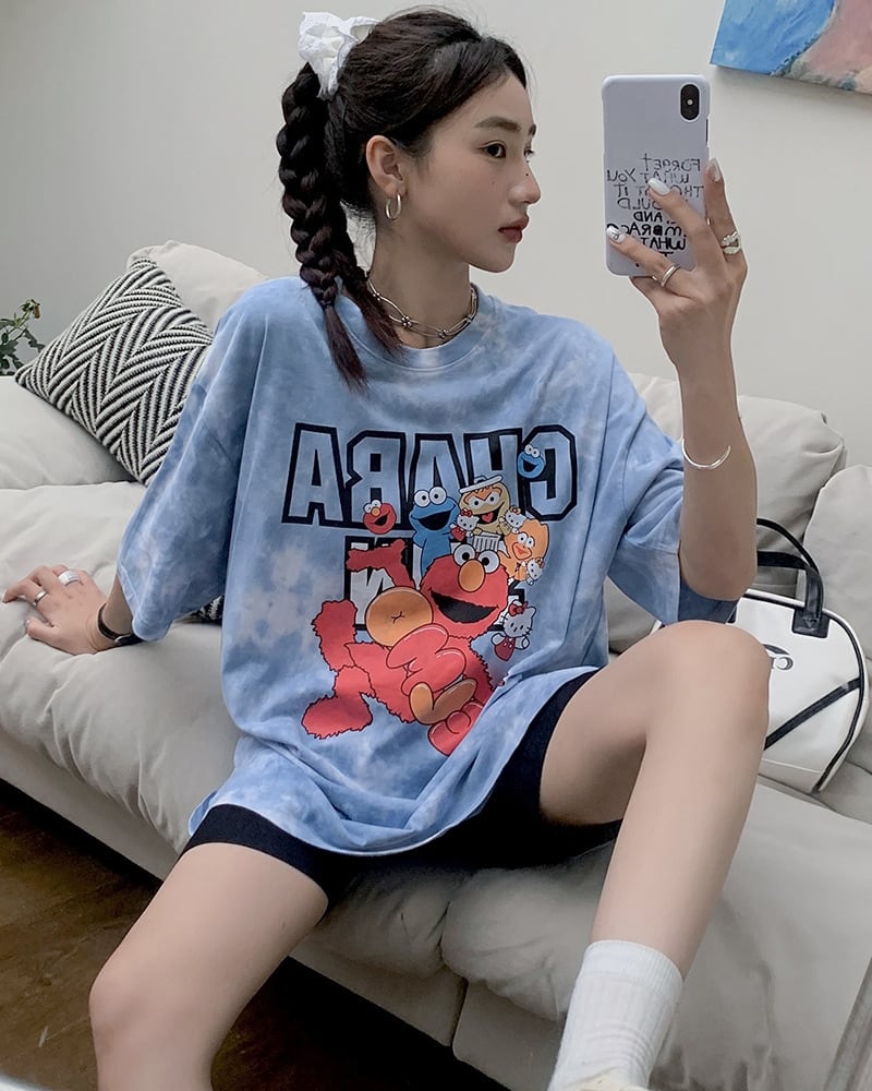 売り切れ必至 絞り染め プリント ビッグロゴ ゆったりトップス 半袖Tシャツ 全2色<ins-8272>